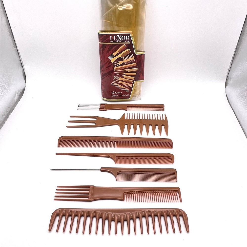 Vtg Luxor Bone Comb Kit Picks Brown w/ Storage Case *Missing 3* (Not Real Bones)